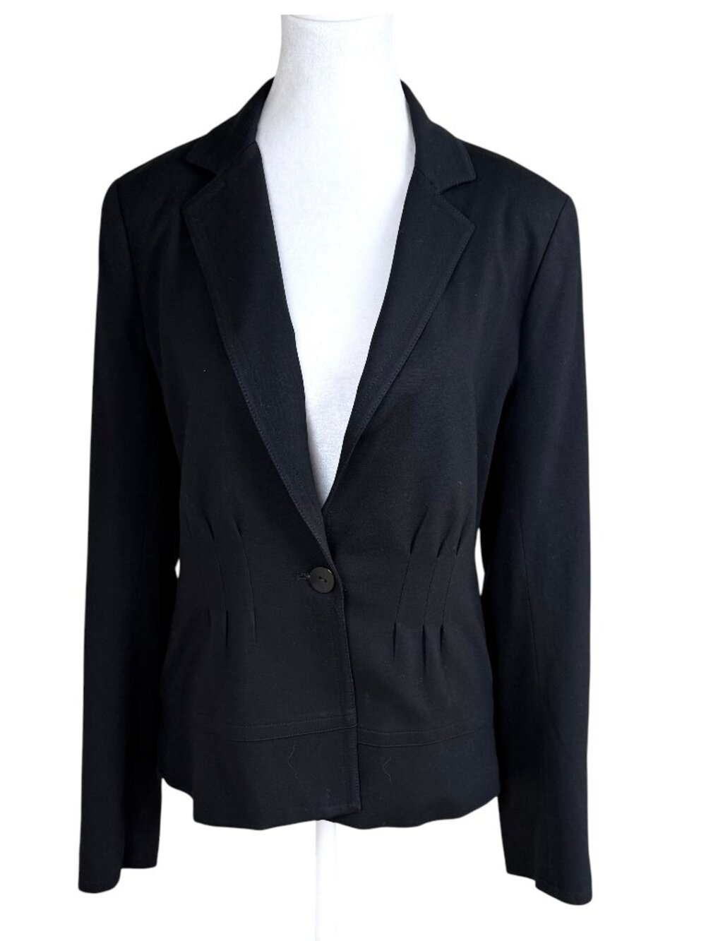 Theory Black Blazer Stretch Ponte Knit Tailored Gathered Waist Single Button (L)